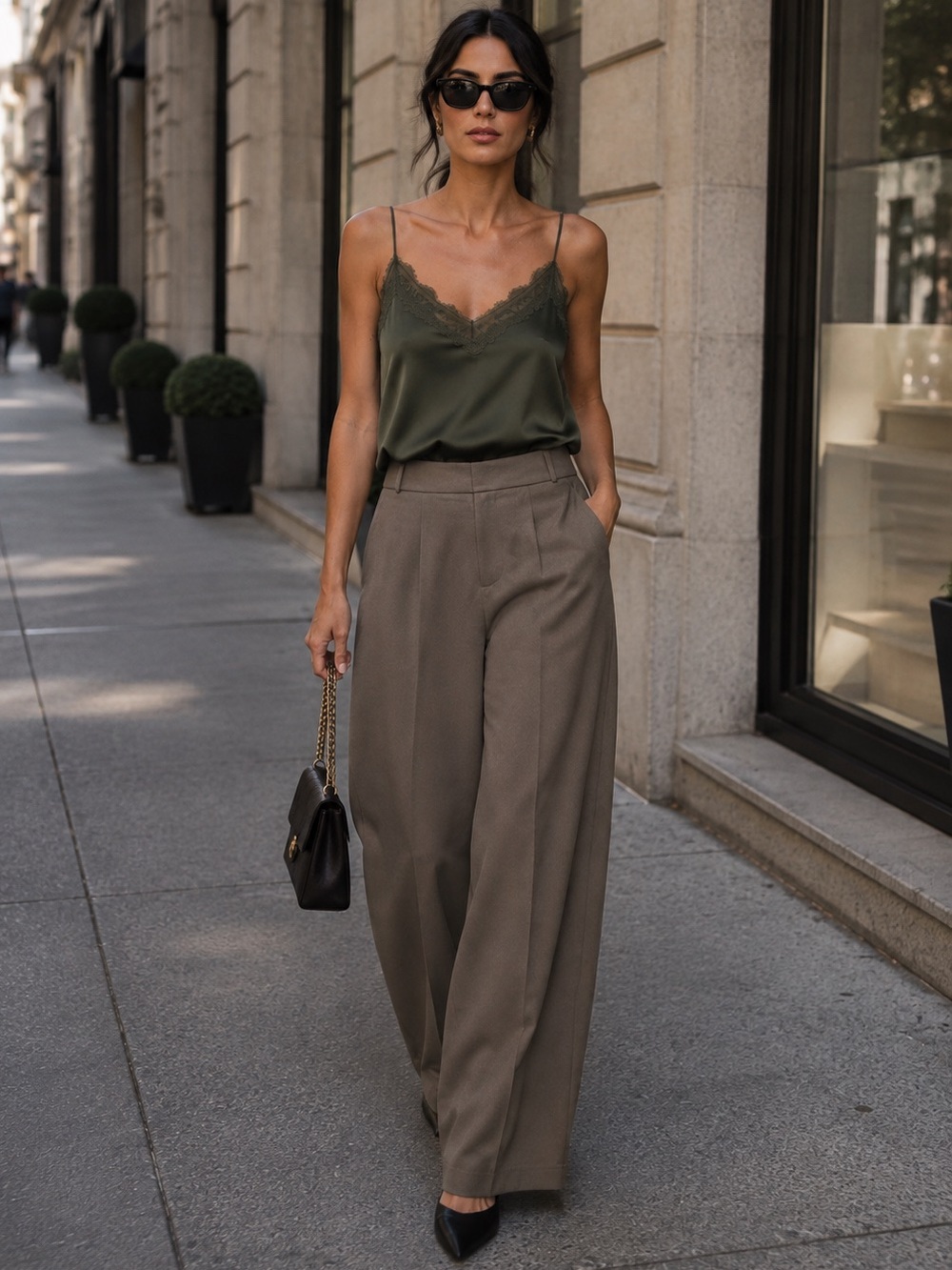 Zara Khaki High Waisted Straight Wide Leg Pants Elastic Waist NWT Size L